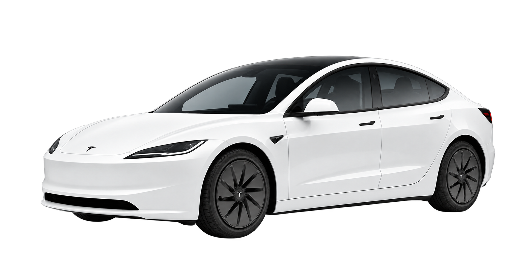 Tesla Model 3 blanco visto de frente y de lado, sobre fondo transparente