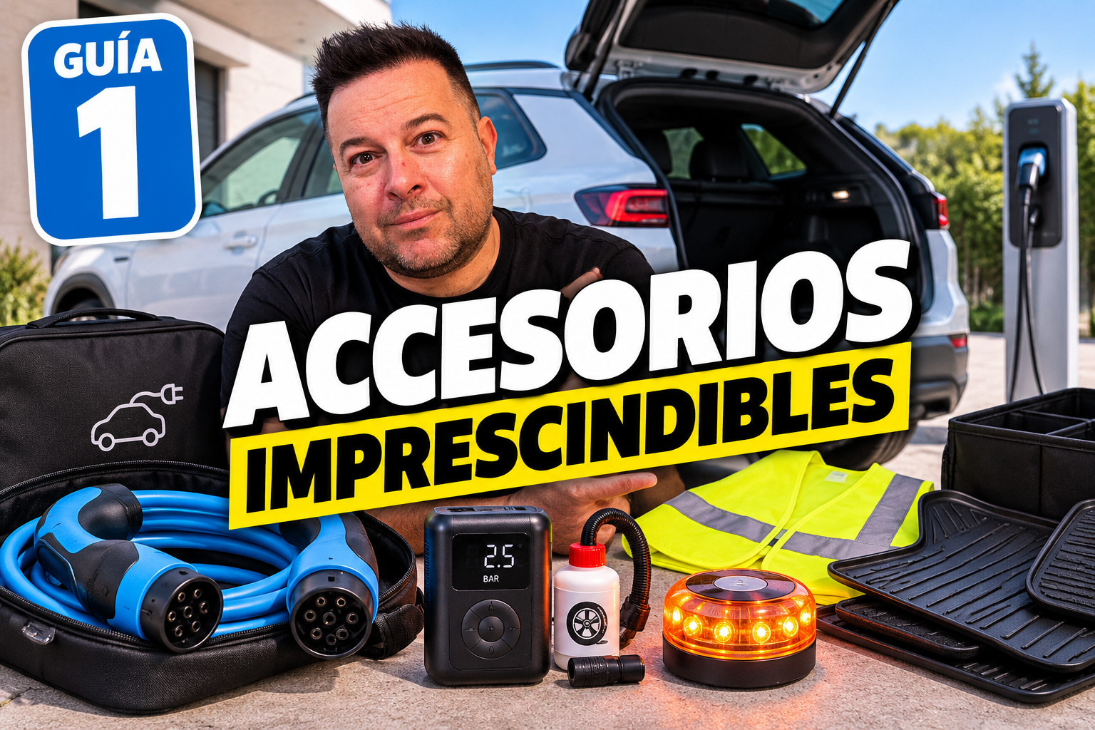 Primera guía de uso y accesorios para coche eléctrico: cable Tipo 2, baliza V16, compresor y alfombrillas.