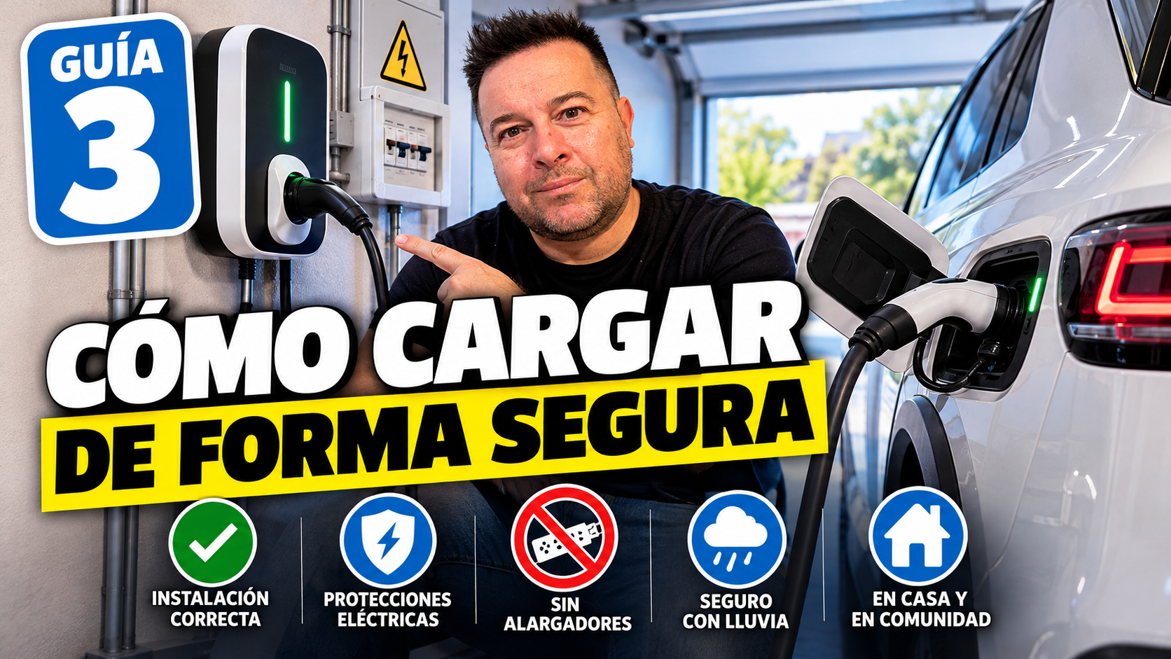 Guía 3 de uso y accesorios: cómo cargar un coche eléctrico de forma segura en casa.