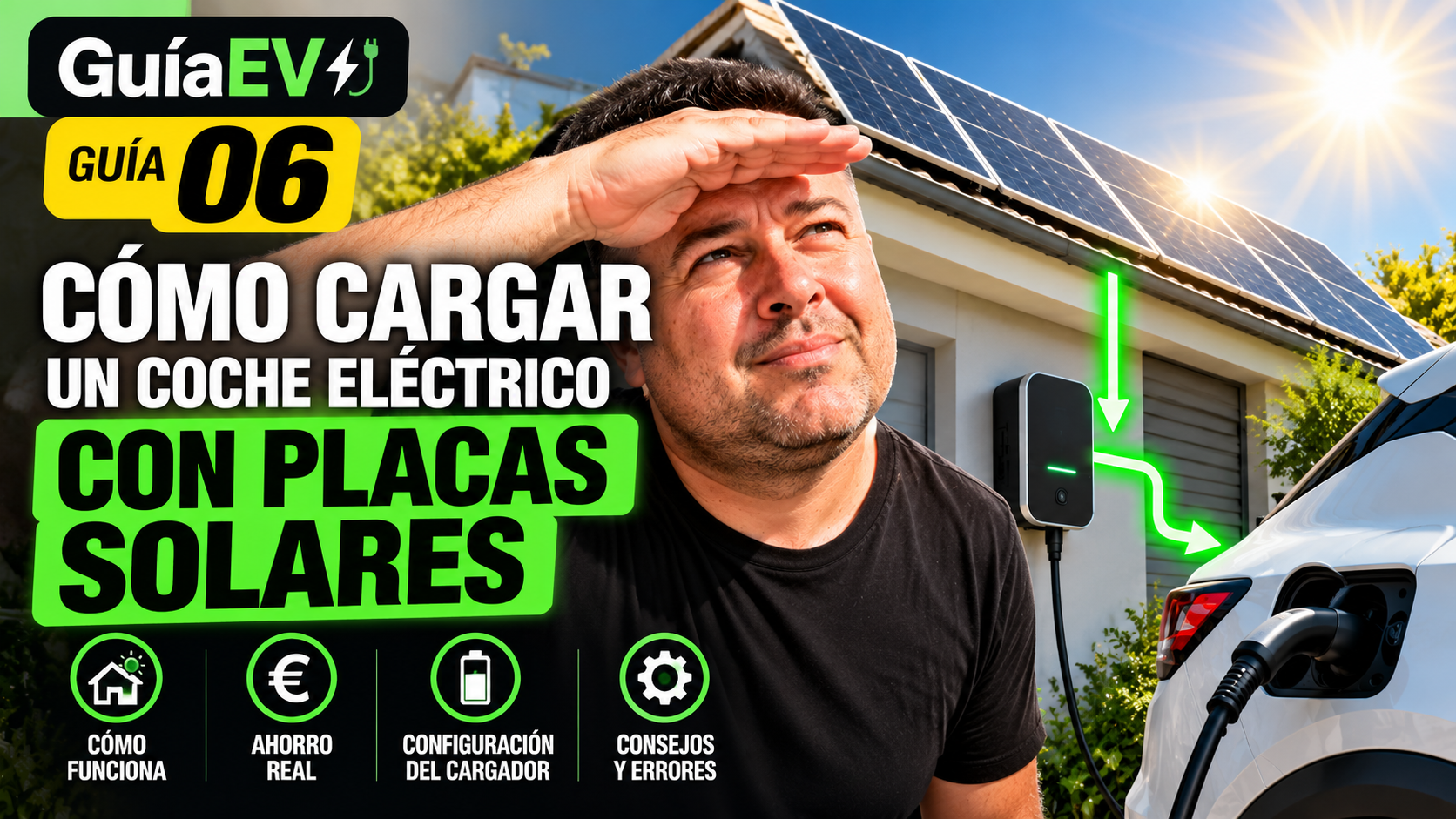 Guía 06 para cargar un coche eléctrico con placas solares: excedentes, ahorro, configuración y consejos.