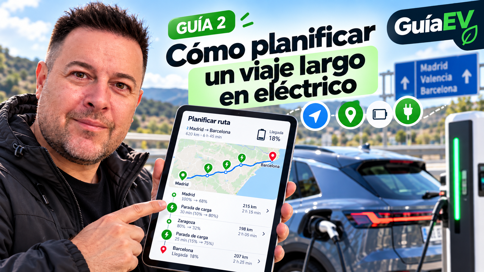 Guía 2 de aplicaciones y viajes: cómo planificar una ruta larga en coche eléctrico con paradas de recarga.