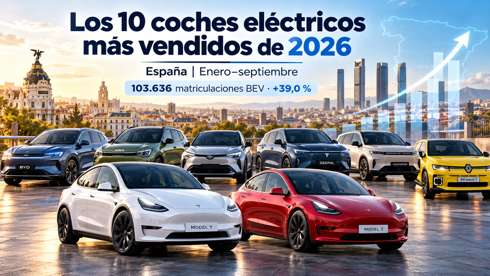 Los 10 coches eléctricos más vendidos en España en 2026: enero-septiembre, 103.636 matriculaciones BEV y un crecimiento del 39,0 %.