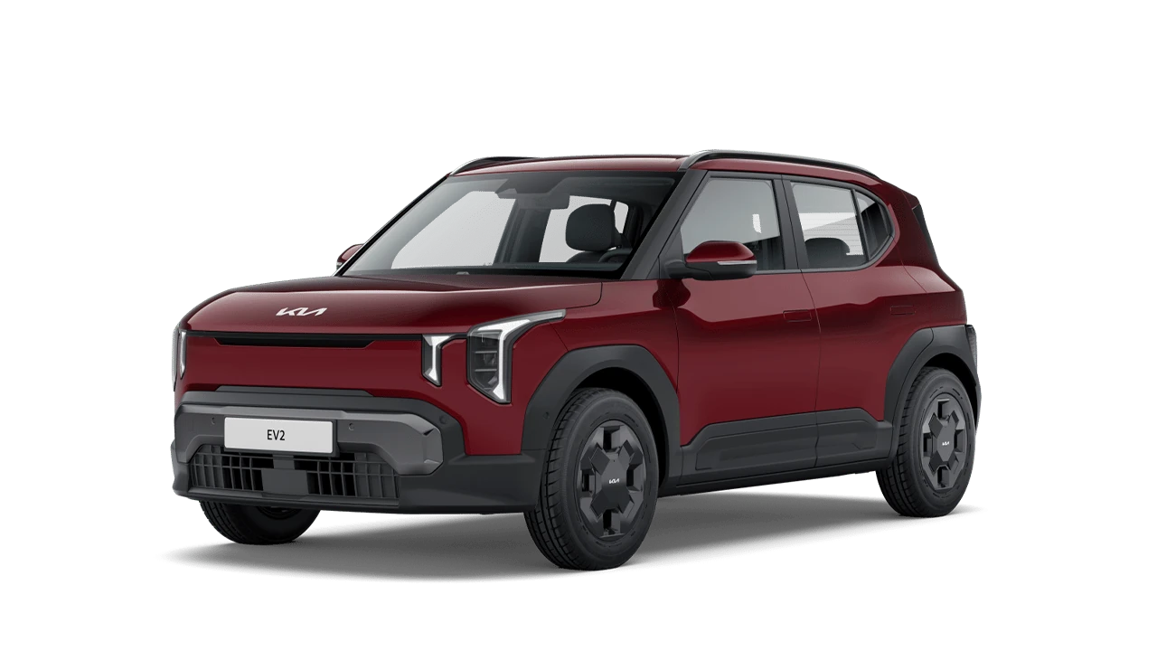 Kia EV2 rojo, vista frontal de tres cuartos sobre fondo transparente