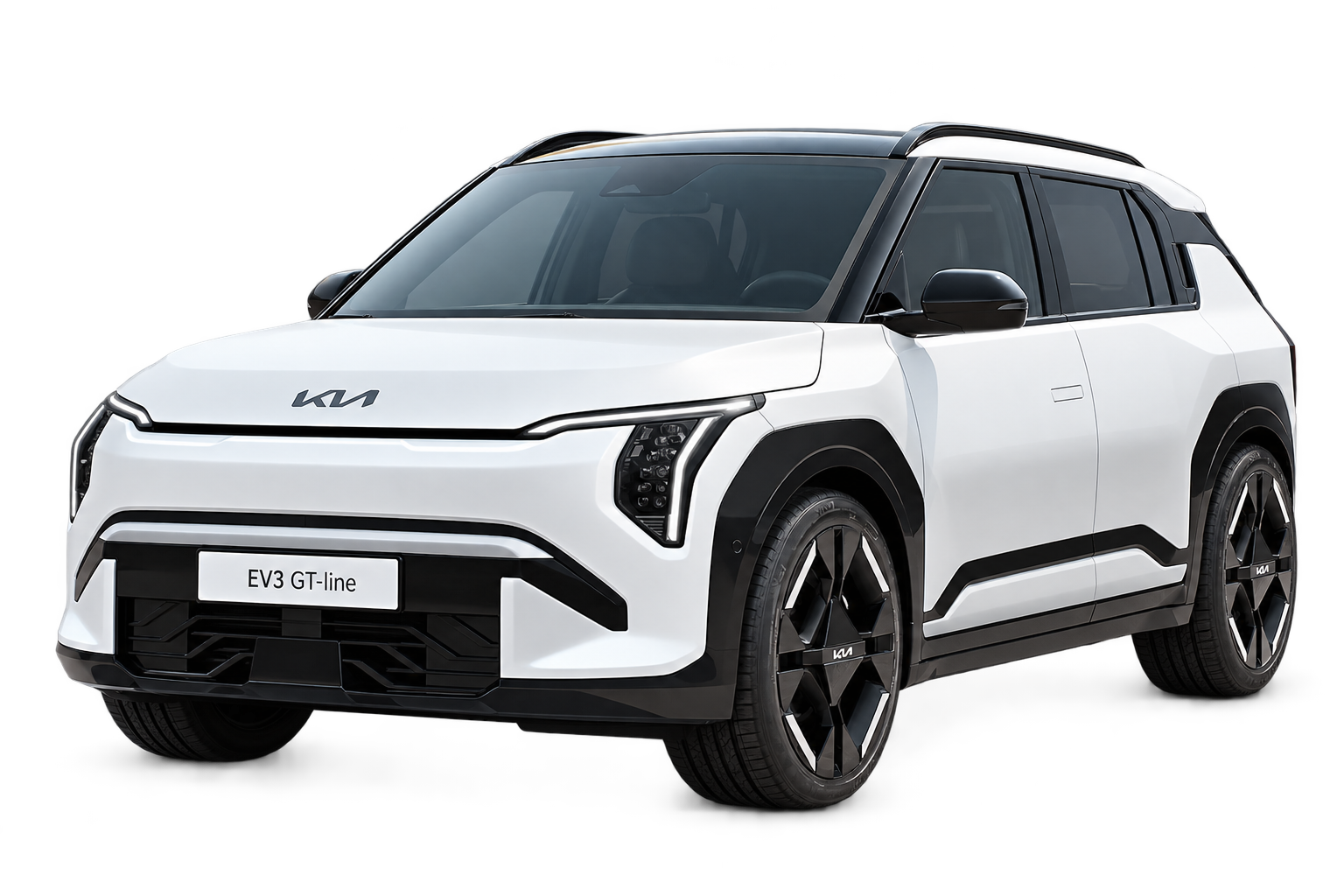Kia EV3 GT-Line blanco, vista frontal de tres cuartos. Imagen del catálogo; el acabado difiere de las versiones Air y Earth comparadas.