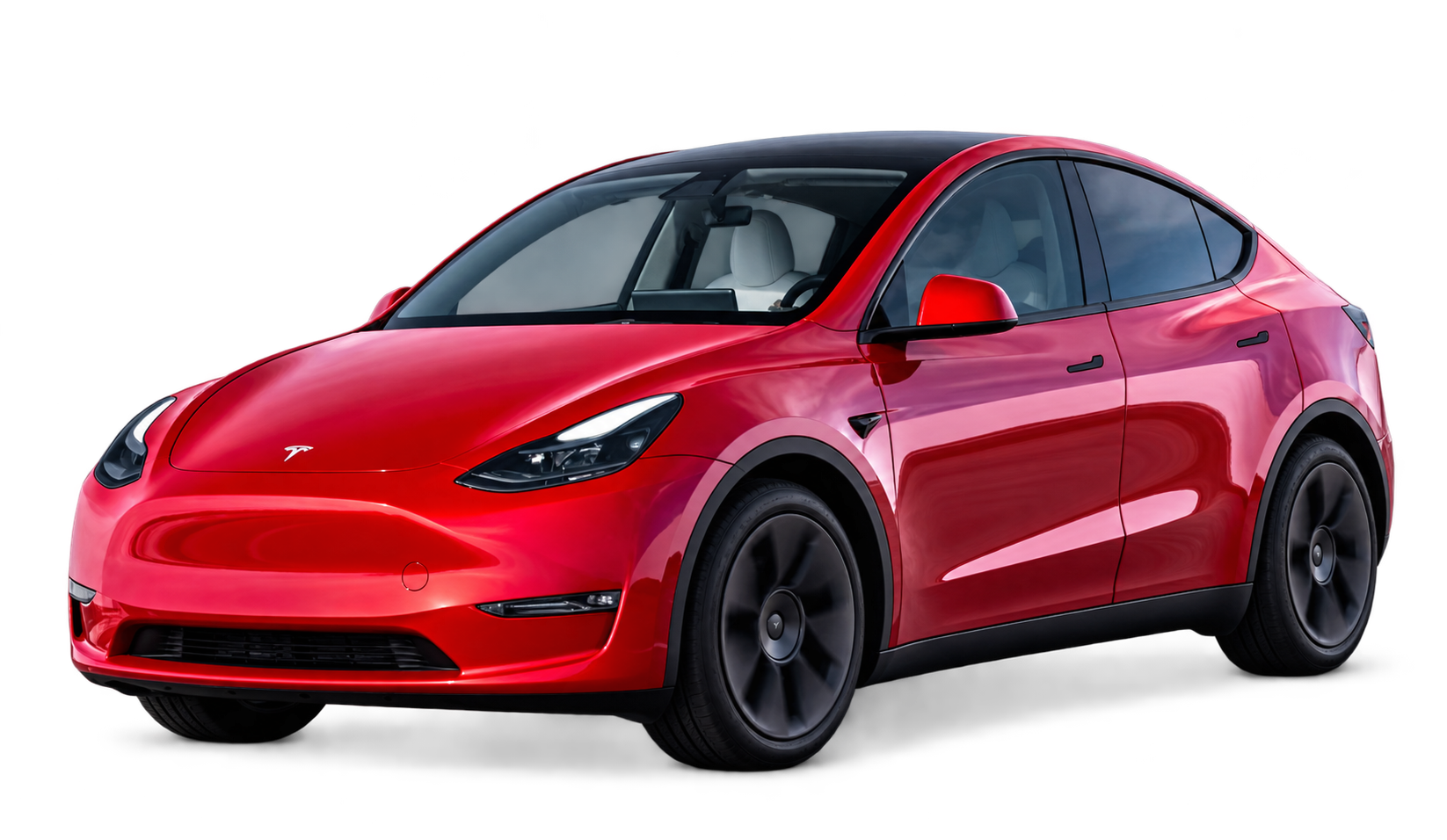 Tesla Model Y rojo visto de frente y de lado, sobre fondo transparente Imagen de archivo del diseño anterior.