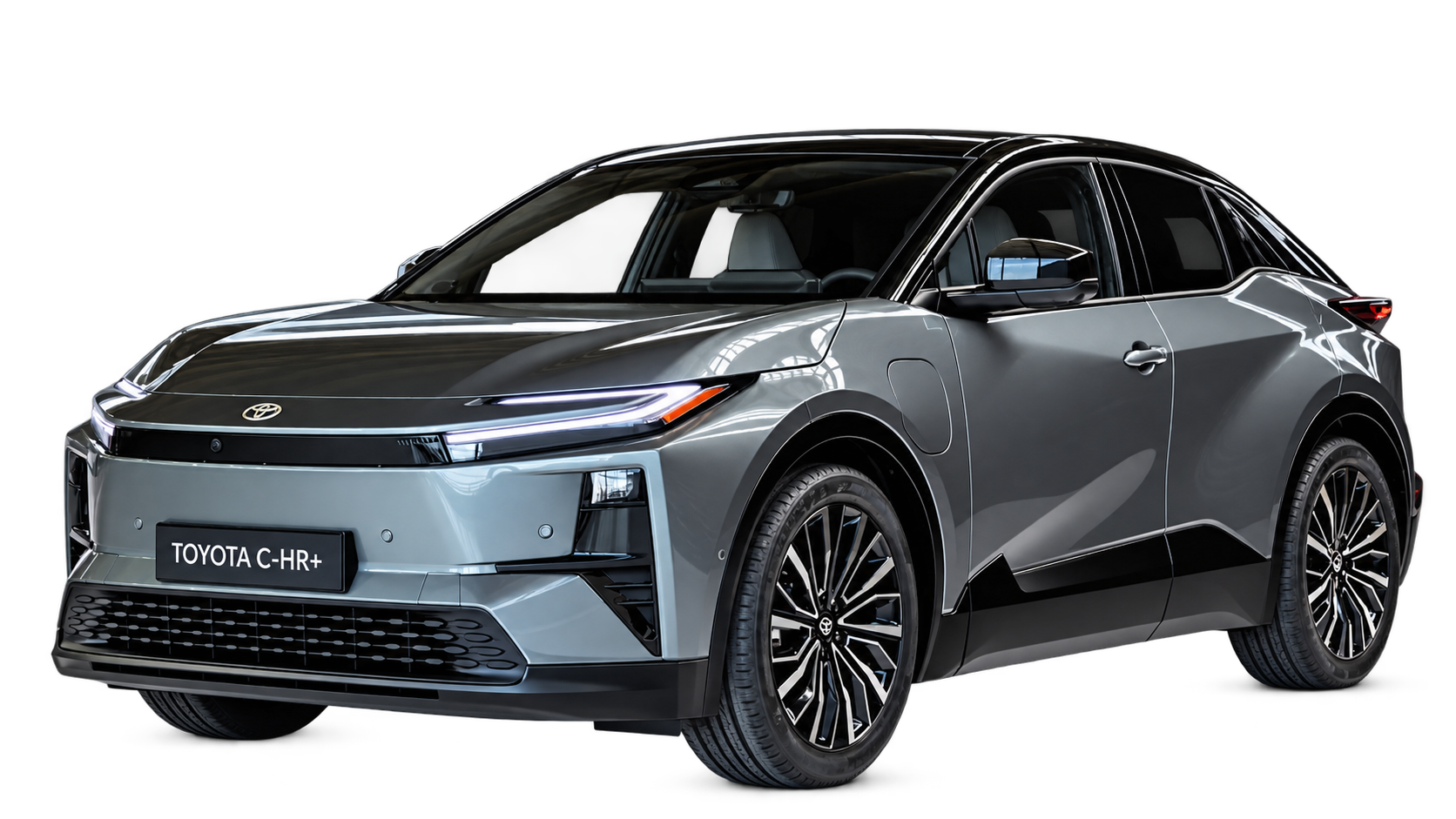 Toyota C-HR+ visto de frente y de lado, sobre fondo transparente